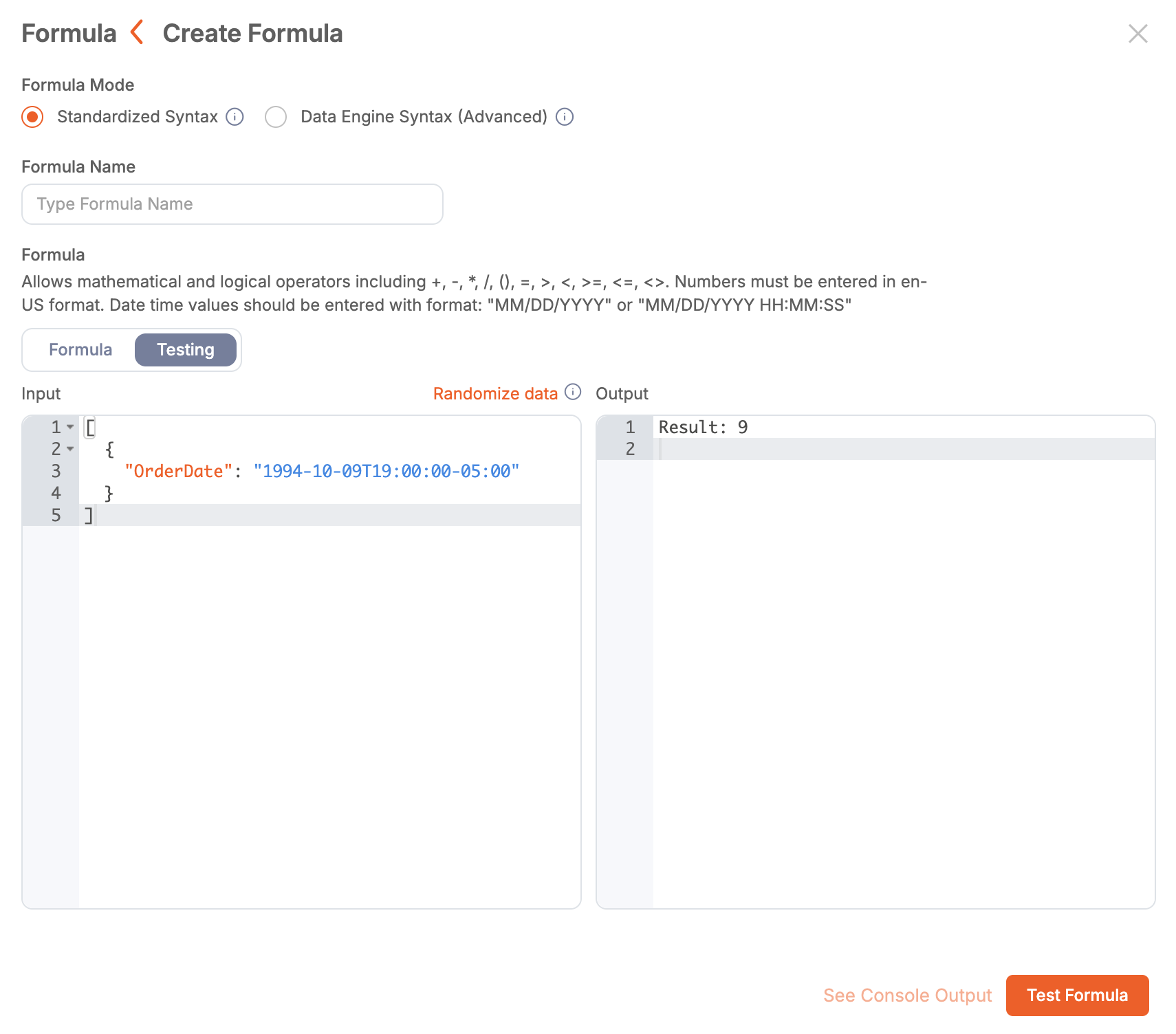 Formula Builder Testing tab
